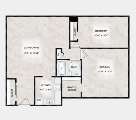 Floor plan for 2 beds, 2 baths, 944 sqft